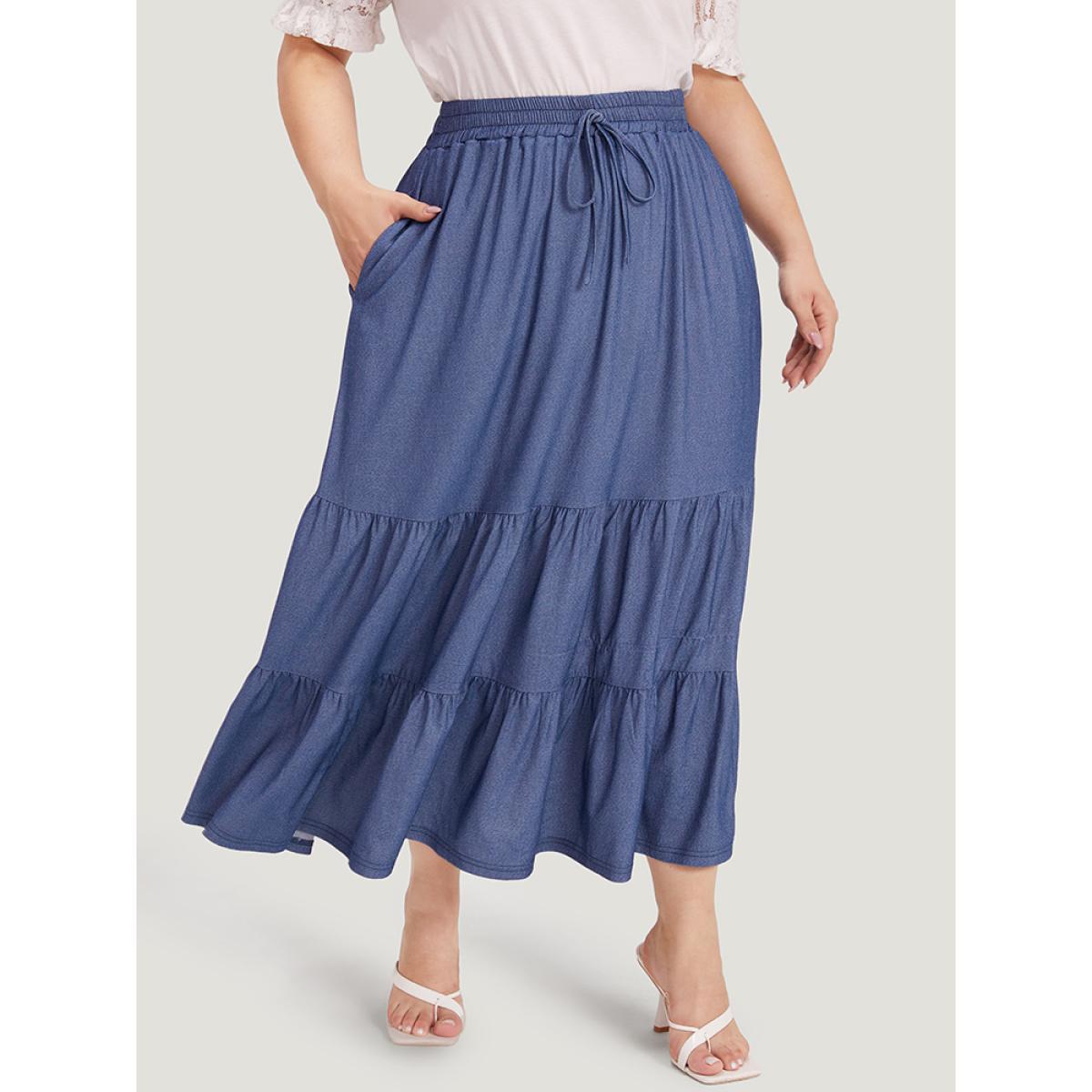 Plus Size Plain Ties Gathered Ruffle Layered Hem Skirt Women Indigo Elegant Plain No stretch Pocket Dailywear Skirts BloomChic 14-16/1X Product Image