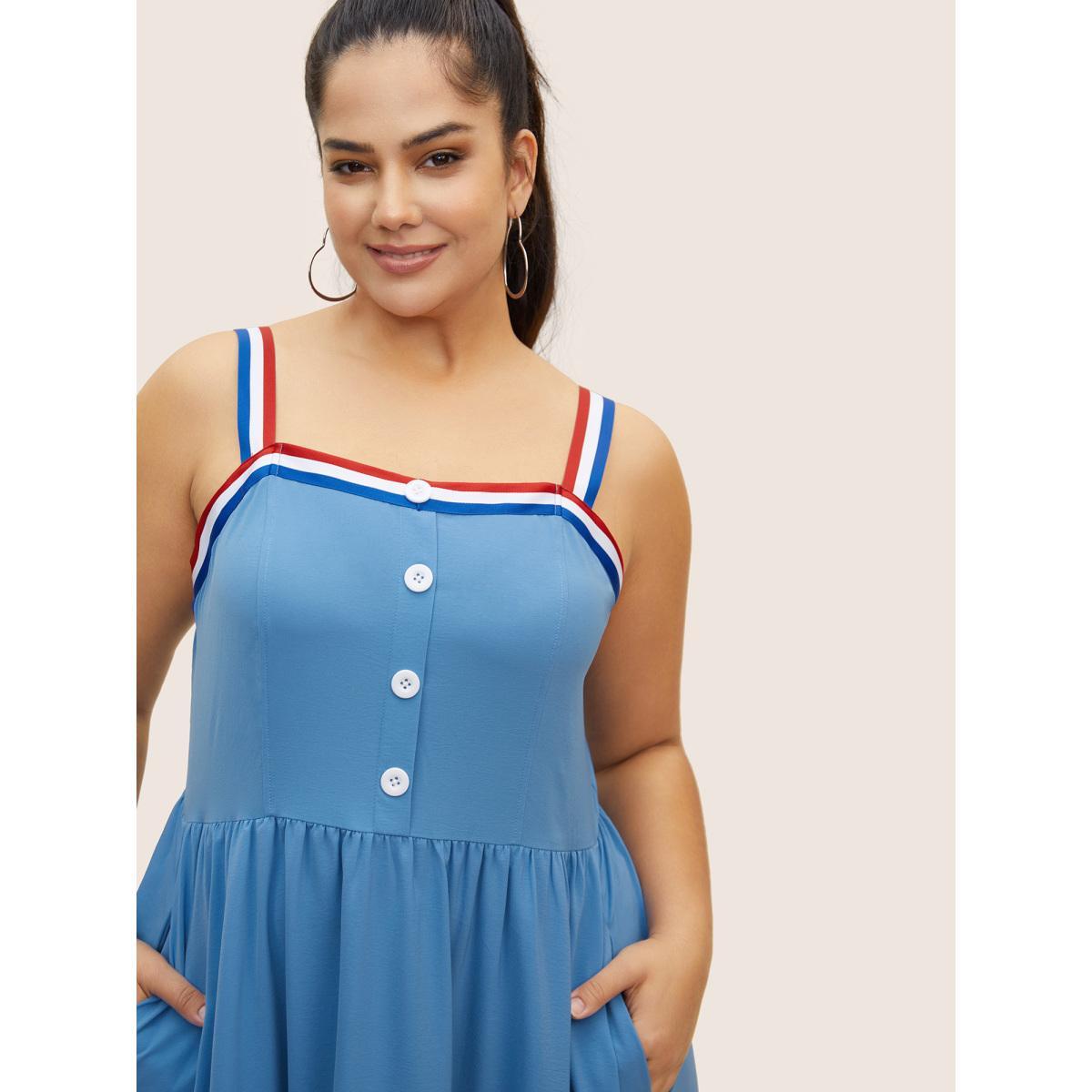 Plus Size Contrast Webbing Button Detail Midi Dress Skyblue Women Casual Gathered Non Sleeveless Curvy BloomChic 18-20/2X Product Image