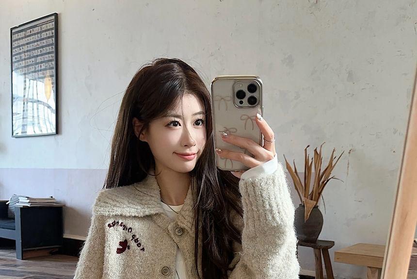 Embroidered Button-Up Cardigan / Fleece Shorts Product Image