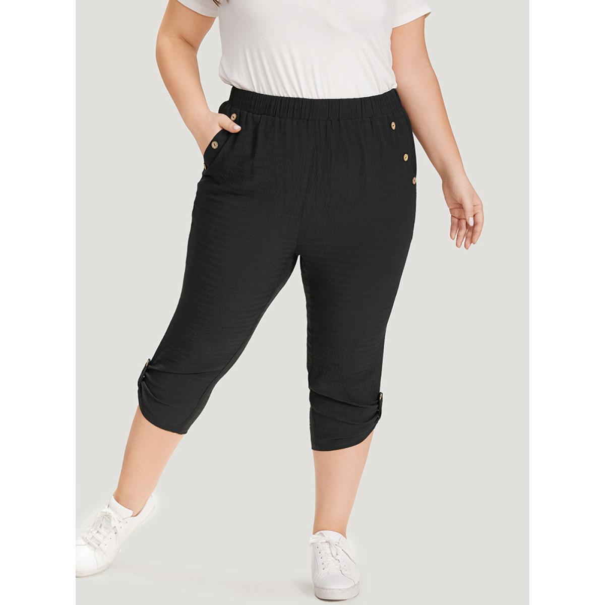 Plus Size Solid Pocket Button Detail High Rise Pants Women Black Casual High Rise Dailywear Pants BloomChic 10/M Product Image