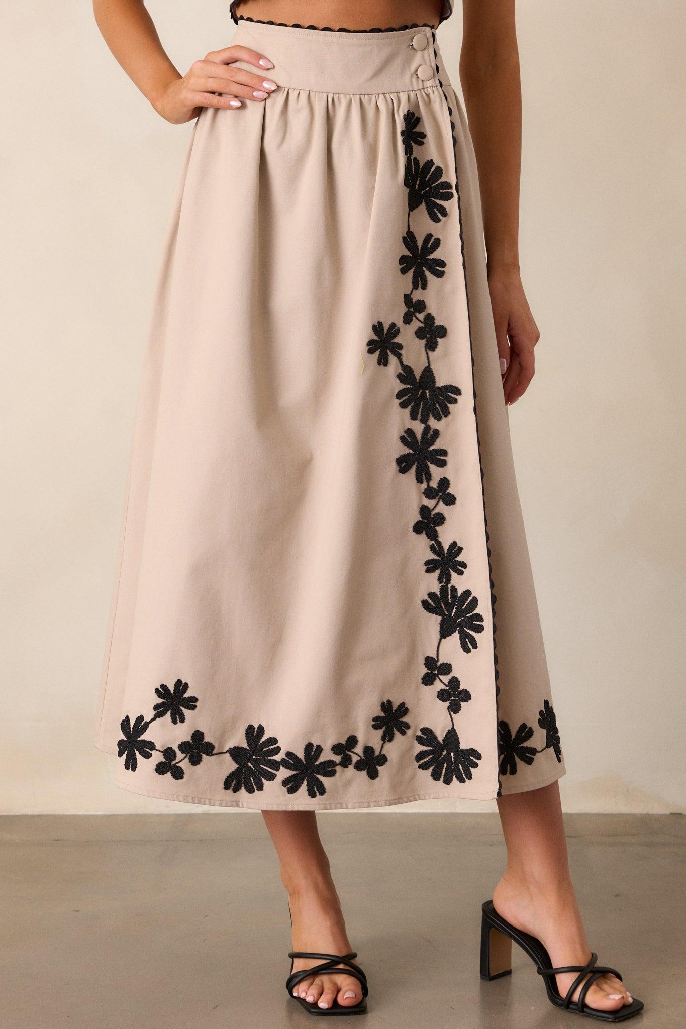 Lovely Blooms Taupe Embroidered Floral Midi Skirt Product Image