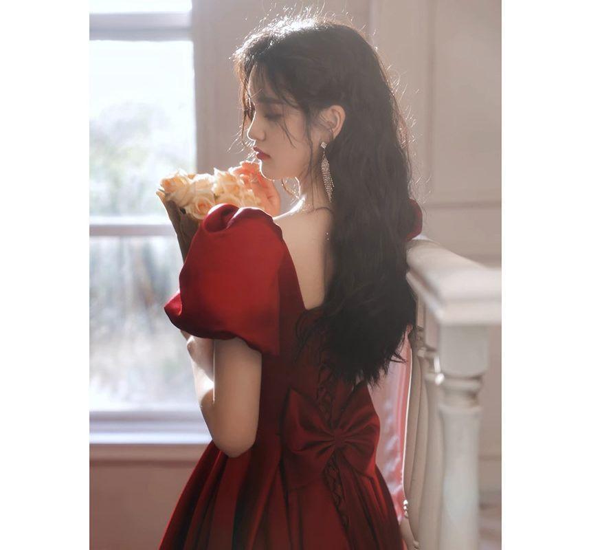 Puff-Sleeve Square-Neck Plain A-Line Evening Gown (Various Designs) Product Image