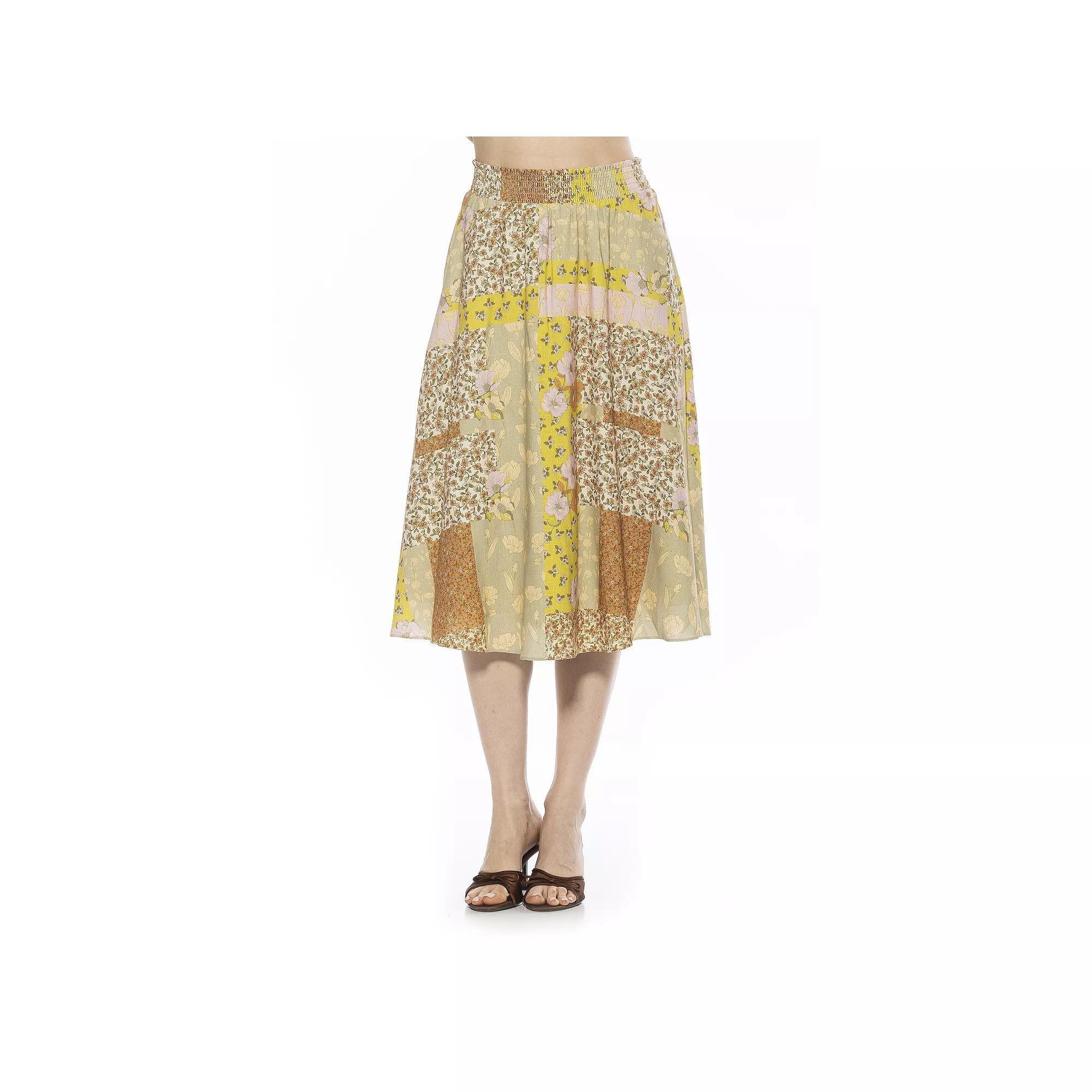 Women's ALEXIA ADMOR Kliene Smocked Waistband Skirt, Size: Large, Beige Wildflowers Product Image