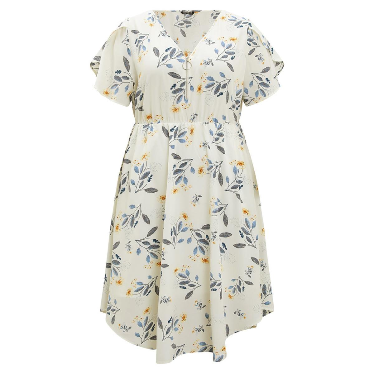 Plus Size Floral Arc Hem Pocket Split Petal Sleeve Zip Up Dress Ivory Women Office Lined V-neck Short sleeve Curvy Midi Dress BloomChic 28/5X Product Image