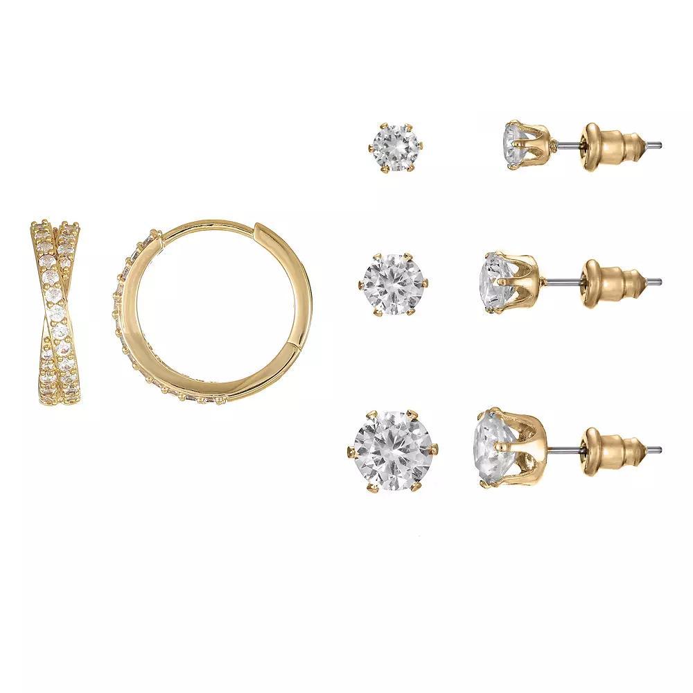 Gold Tone Cubic Zirconia Hoop & Stud Earrings Quartet, Women's, Gold Tone Clear Product Image