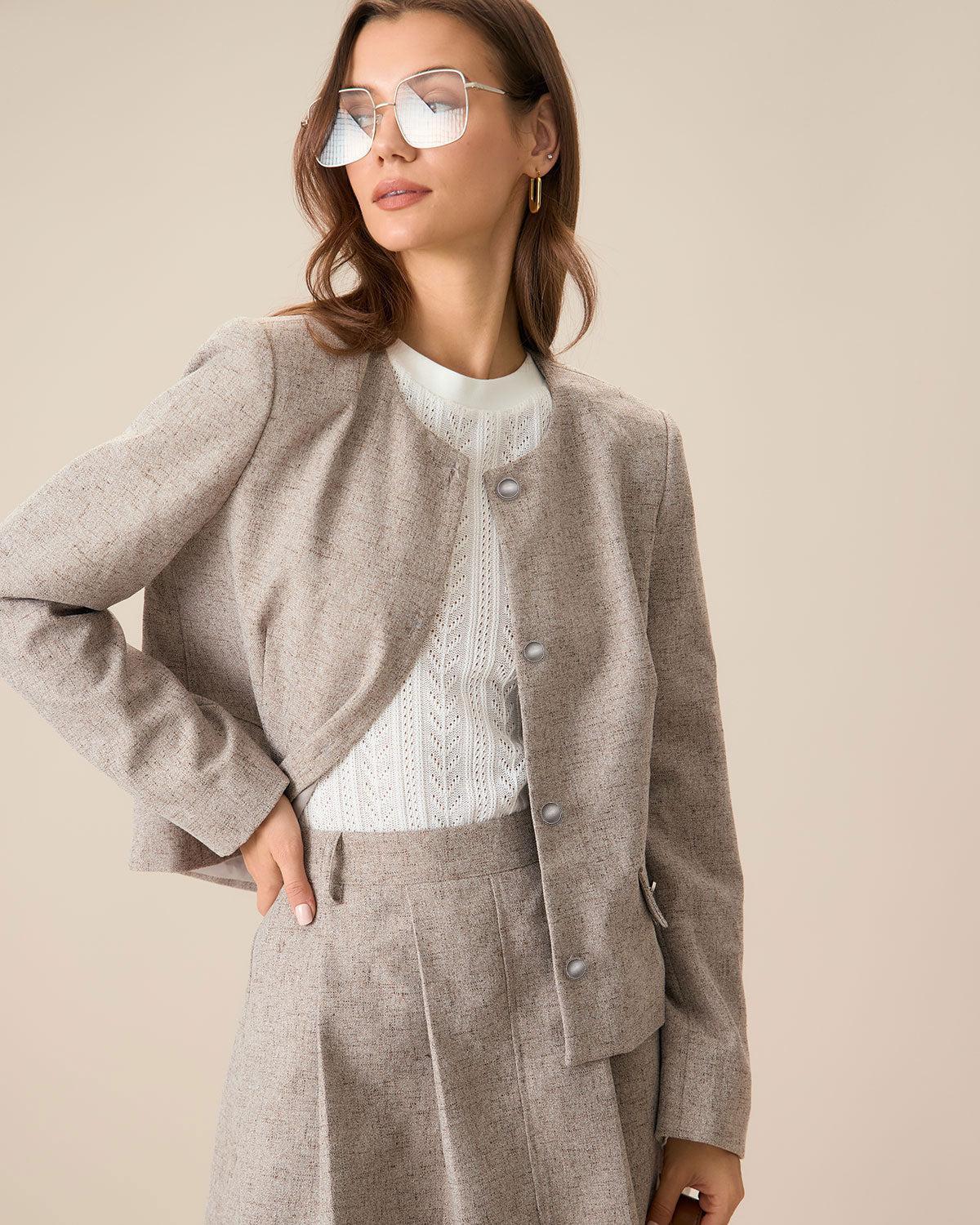Round Neck Khaki Single-Breasted Jacket Product Image