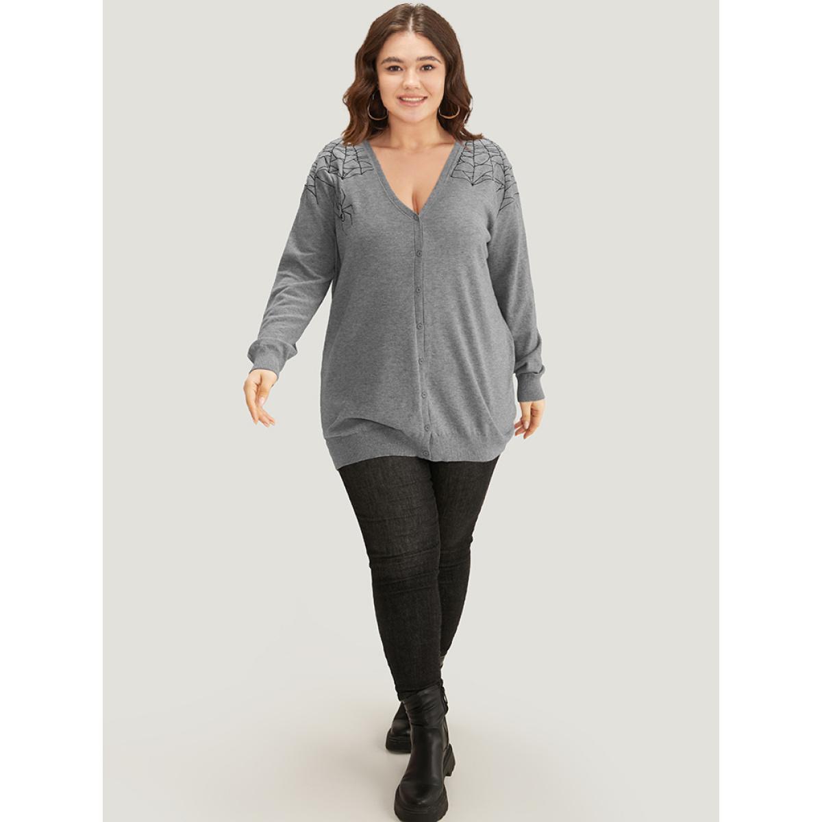 Plus Size Supersoft Essentials Halloween Spider Web Button Through Cardigan Gray Women Casual Loose Long Sleeve Dailywear Cardigans BloomChic 22-24/3X Product Image