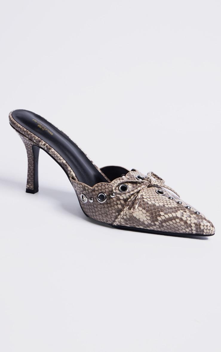 Wide Fit Snake Print PU Point Toe Bow Detailed Heeled Mules Product Image