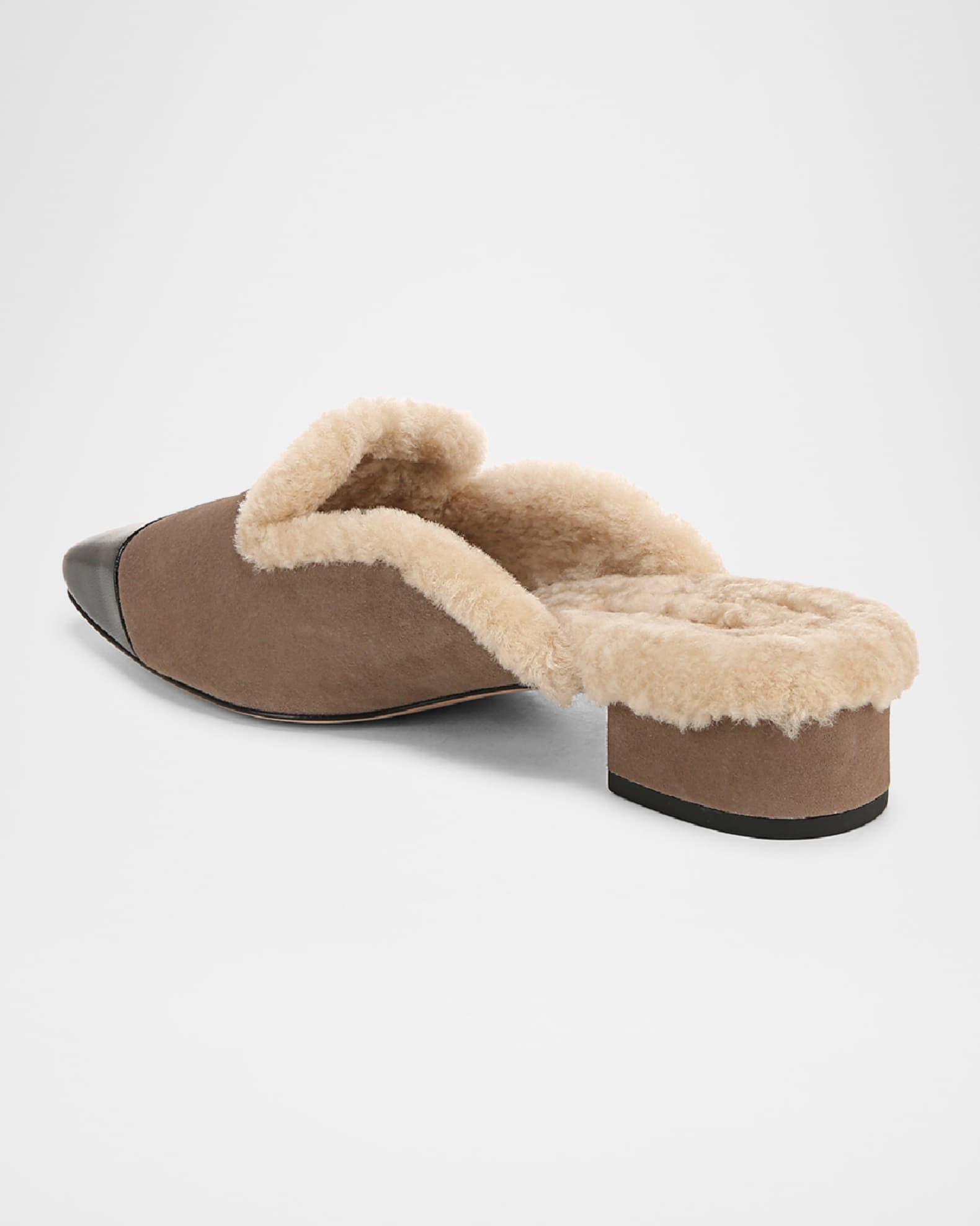 Cecile Suede Shearling Cap-Toe Mules Product Image