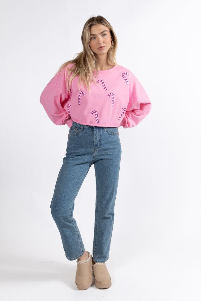 Candy Cane Dreams Pink Sequin Patch Sweatshirt FINAL SALE Product Image