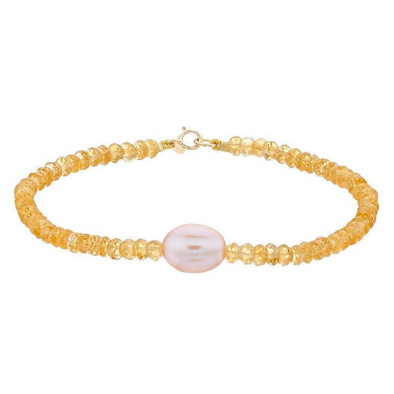 Jewelmak 14k Gold Citrine Rondelle Pink Freshwater Cultured Pearl Bracelet, Womens Product Image