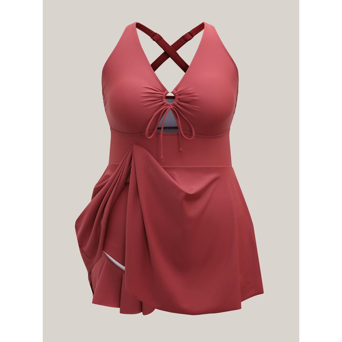 Plus Size Anti-Float Tie Keyhole Swim Dress Women's Swimwear Rust Beach Bodycon V-neck High stretch Curve Swim Dresses BloomChic 28/5X Product Image