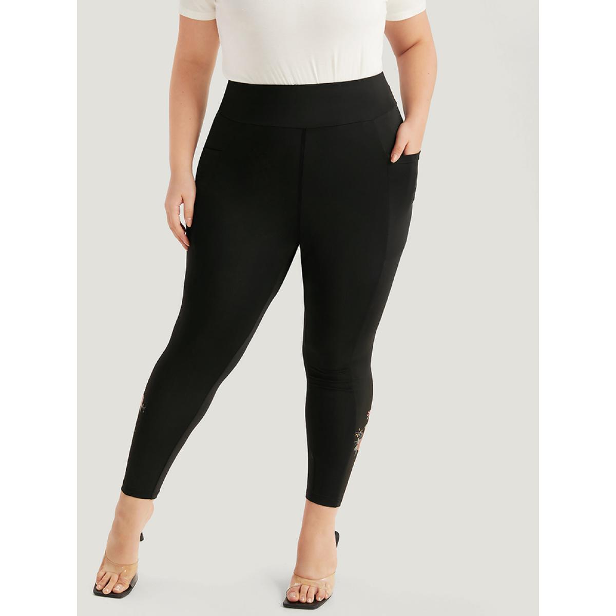 Plus Size Plain Pocket Wideband Waist Floral Print Leggings Women Black Elegant High stretch Skinny High Rise Dailywear Leggings BloomChic 22-24/3X Product Image