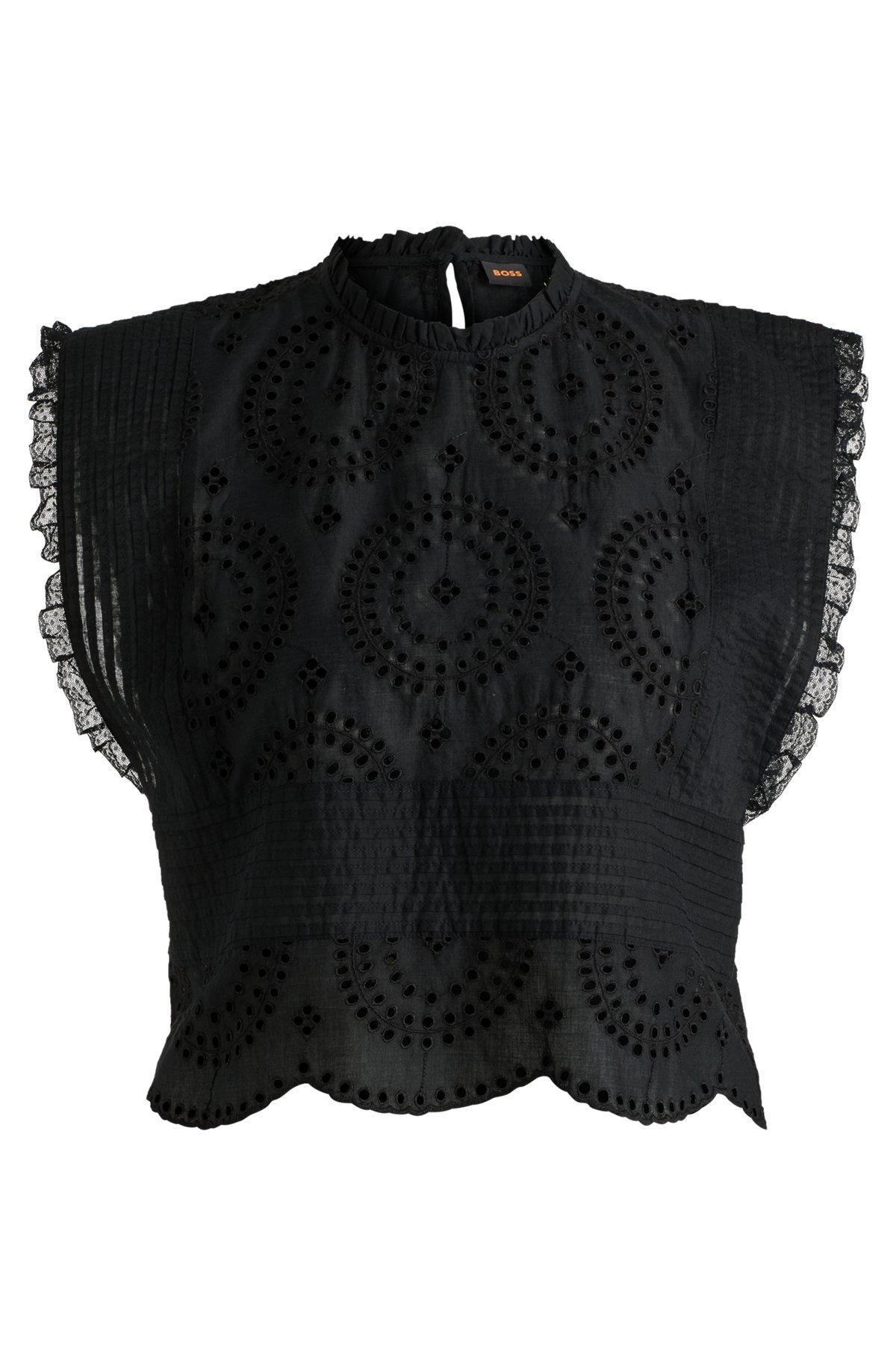 BOSS - Regular-fit blouse in cotton broderie with pleat details - Black Product Image