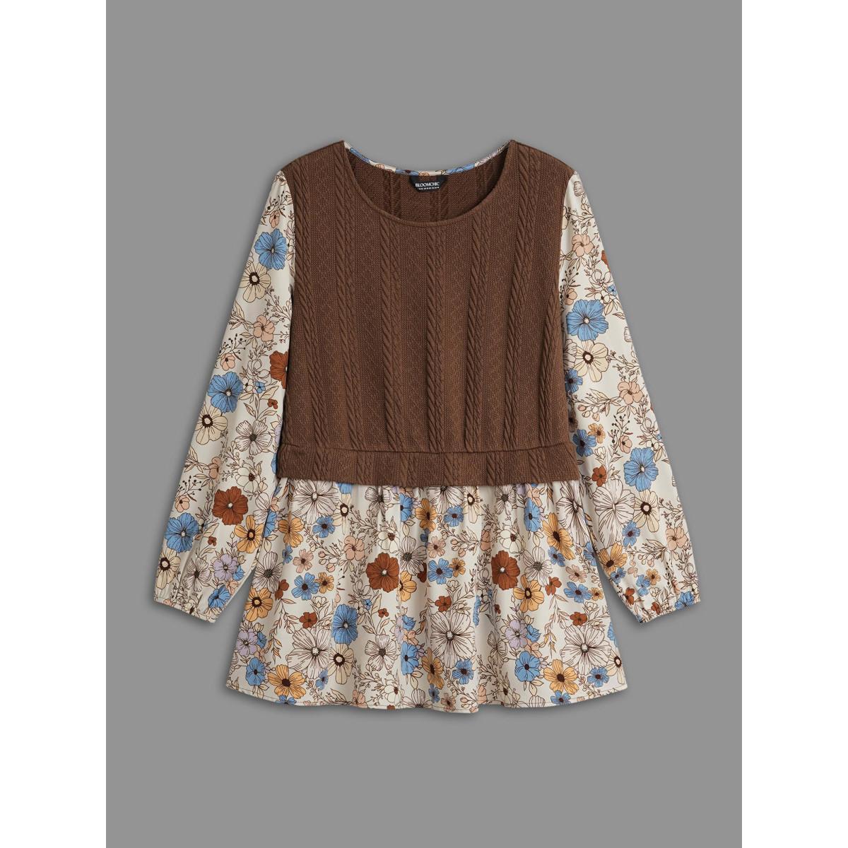 Plus Size Multicolor Mixed Texture Floral Combined Blouse Women Elegant Long Sleeve Round Neck Everyday Blouses BloomChic 26/4X Product Image