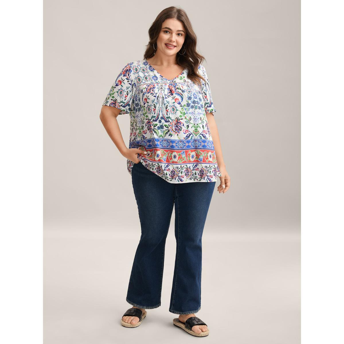 Plus Size Multicolor Rayon Floral Boho Print Lace Trim Blouse Women Short sleeve V-neck Everyday-Elegant Blouses BloomChic 18-20/2X Product Image