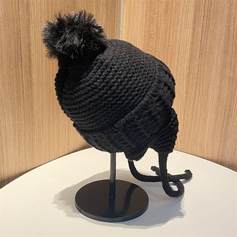 Lettering Applique Pom Pom Knit Beanie Product Image