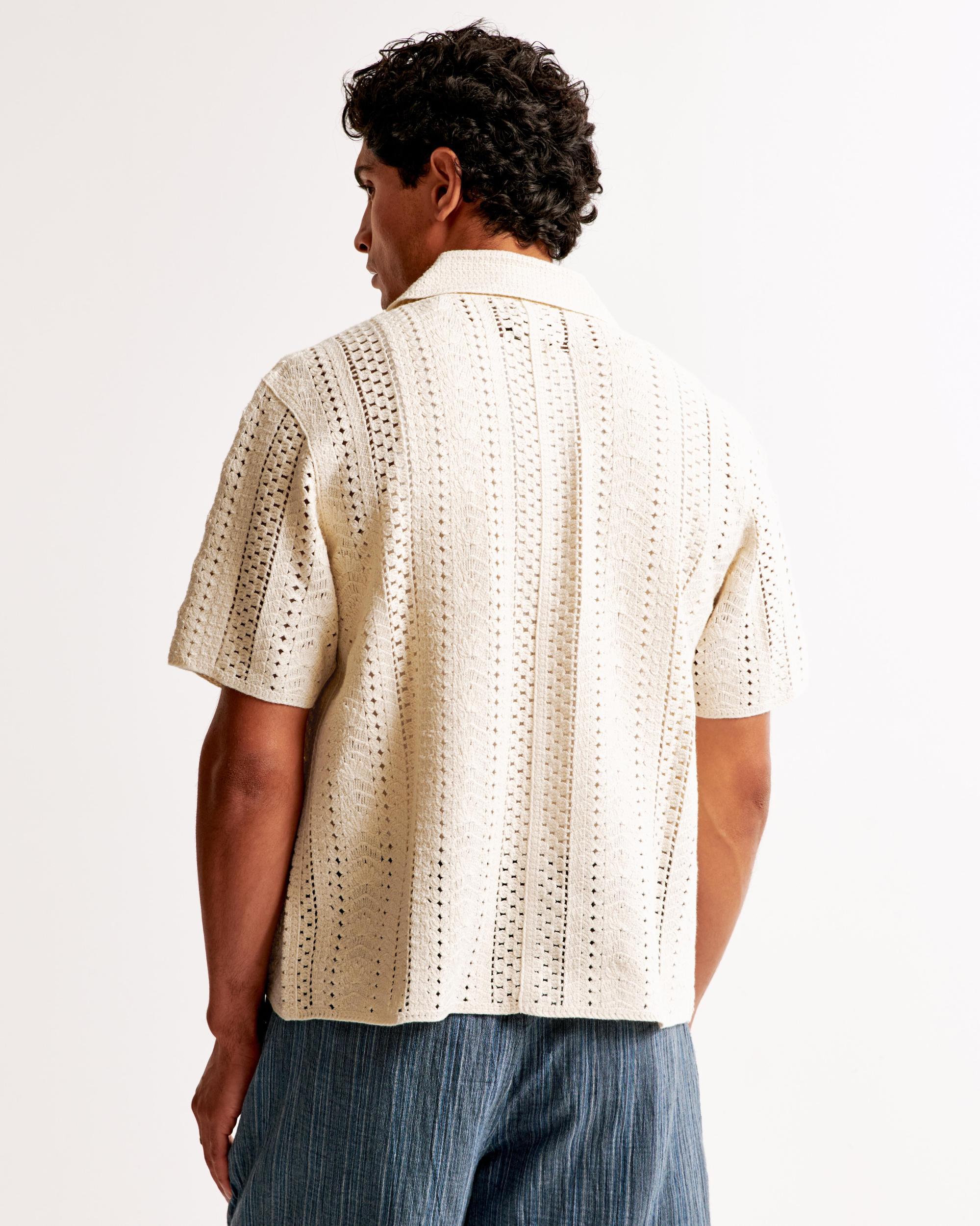 Crochet-Style Geometric Pattern Button-Through Sweater Polo Product Image
