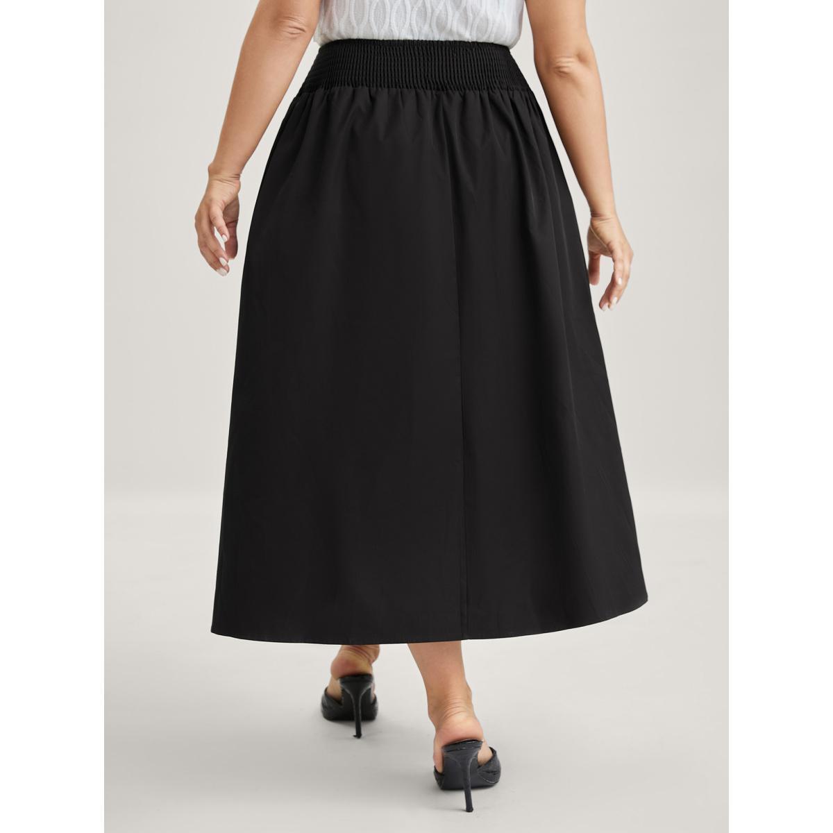 Plus Size Wide Cinched-Waist Solid Midi Skirt Women Black Gathered Low stretch Side seam pocket Everyday-Elegant Skirts BloomChic 26/4X Product Image
