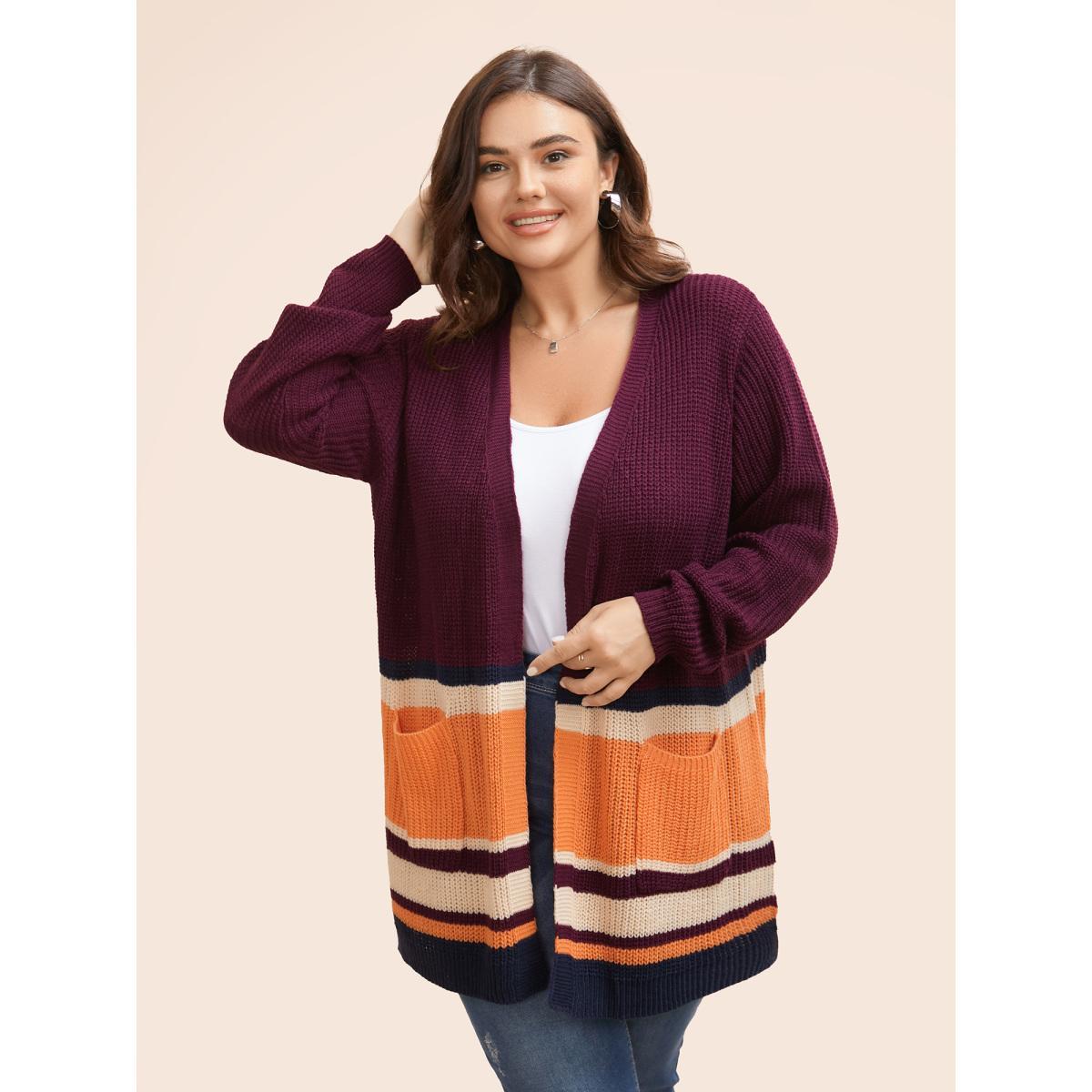 Plus Size Colorblock Contrast Patched Pocket Open Front Cardigan Plum Women Casual Loose Long Sleeve Everyday Cardigans BloomChic 10/M Product Image
