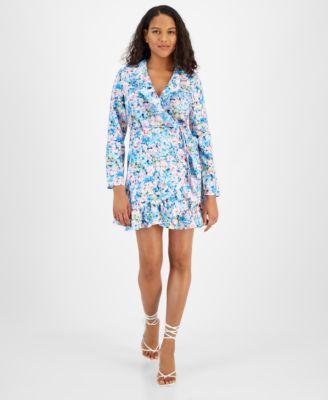 Bar Iii Womens Floral Ruffled V-Neck Long-Sleeve Dress, Created for Macys Product Image