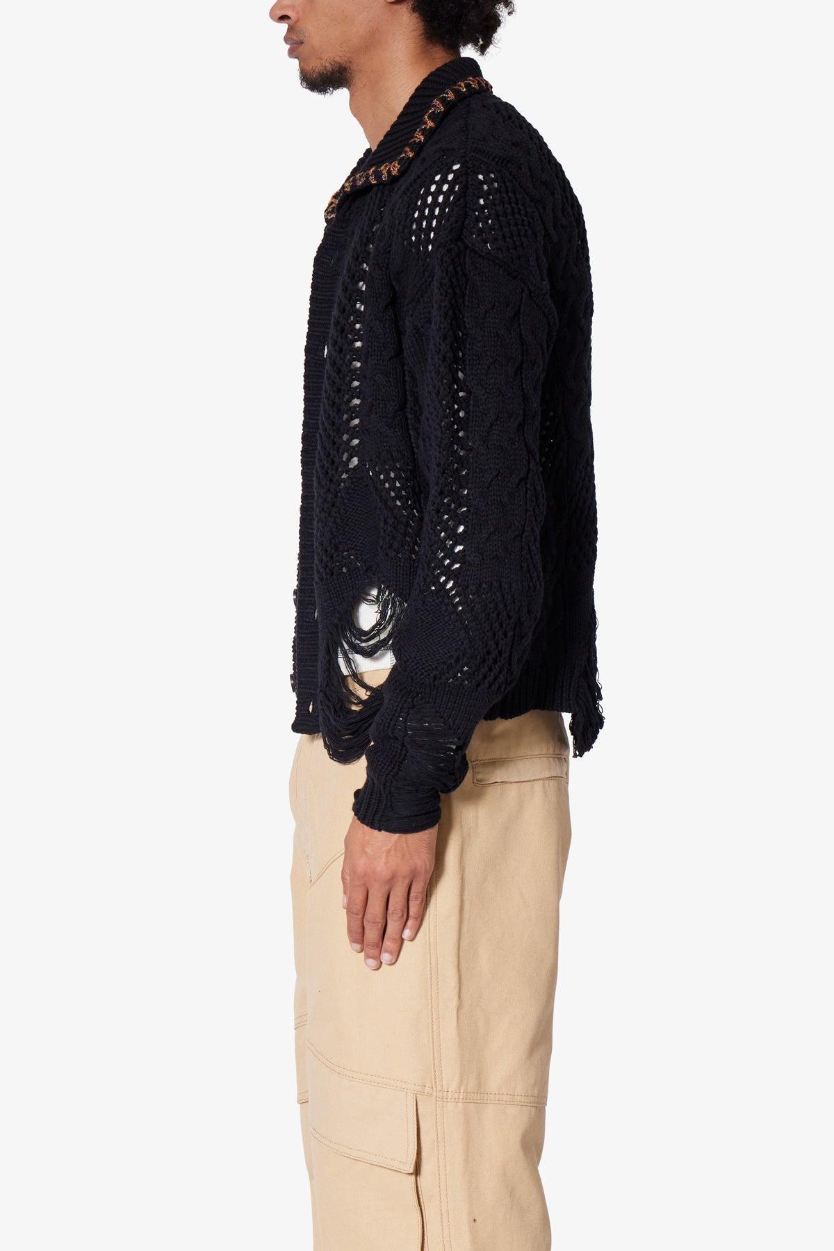 Chunky Distressed Cardigan Sweater - Black Product Image