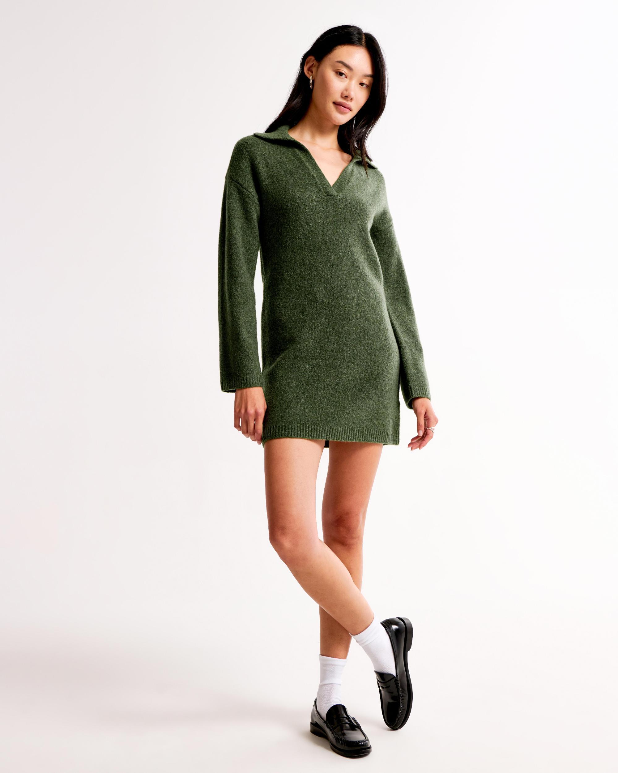 Long-Sleeve Collared Mini Sweater Dress Product Image