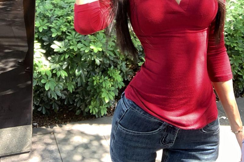 V-Neck Plain Pleated T-Shirt Product Image