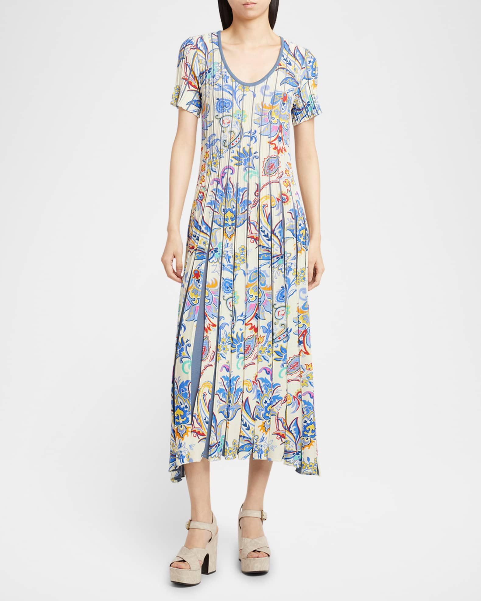 Blue Bouquet Pleated Knit Midi Sweater Dress Product Image