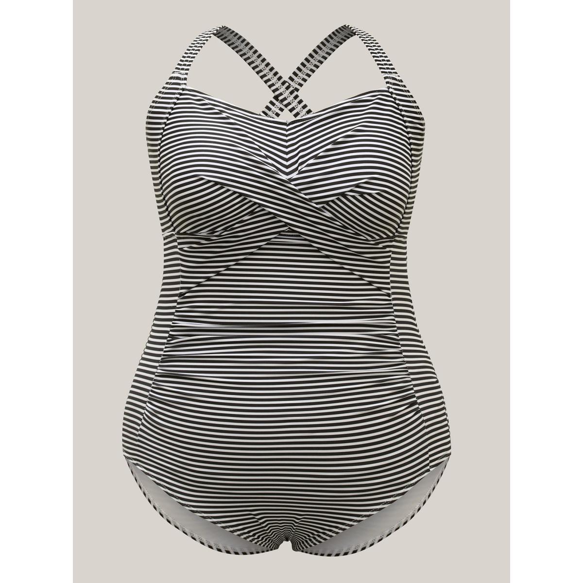 Plus Size Striped Twist Front One-Piece Swimsuit Women's Swimwear Black Beach Twist Curve Bathing Suits High stretch One Pieces BloomChic 22-24/3X Product Image