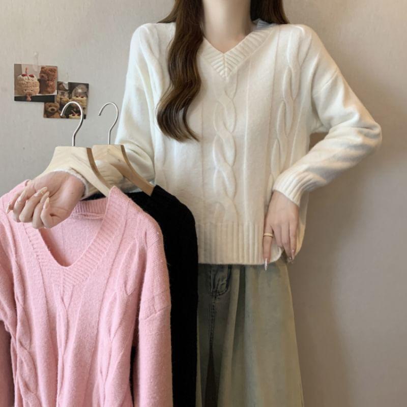 V-Neck Plain Cable Knit Sweater Product Image