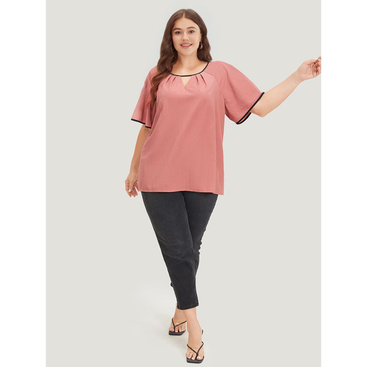 Plus Size Rouge Contrast Trim Plicated Detail Ruffle Sleeve Keyhole Blouse Women Elegant Short sleeve Keyhole Cut-Out Dailywear Blouses BloomChic 18-20/2X Product Image