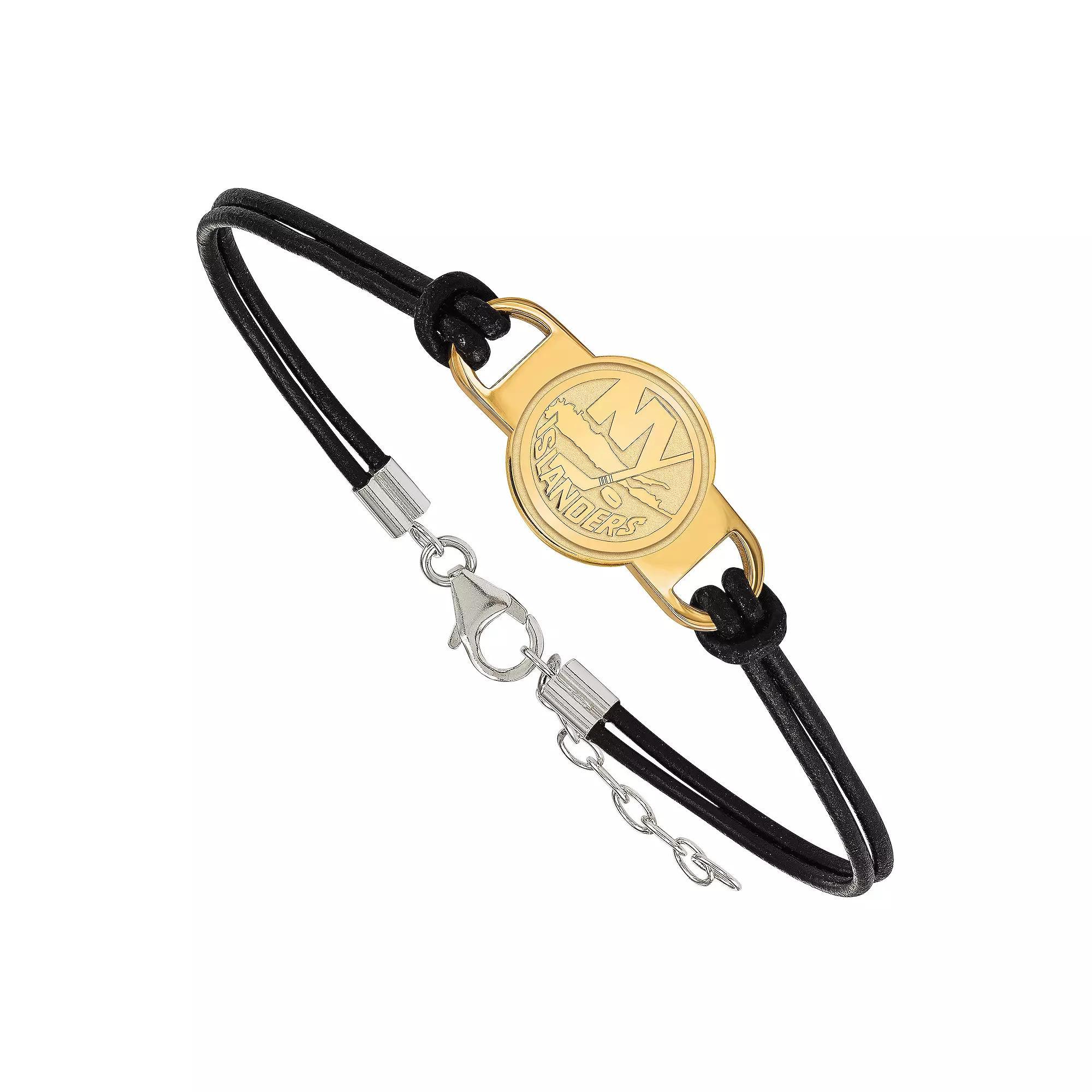 LogoArt New York Islanders Sterling Silver Logo Black Leather Bracelet, Women's, Size: 7", Gold Tone Product Image