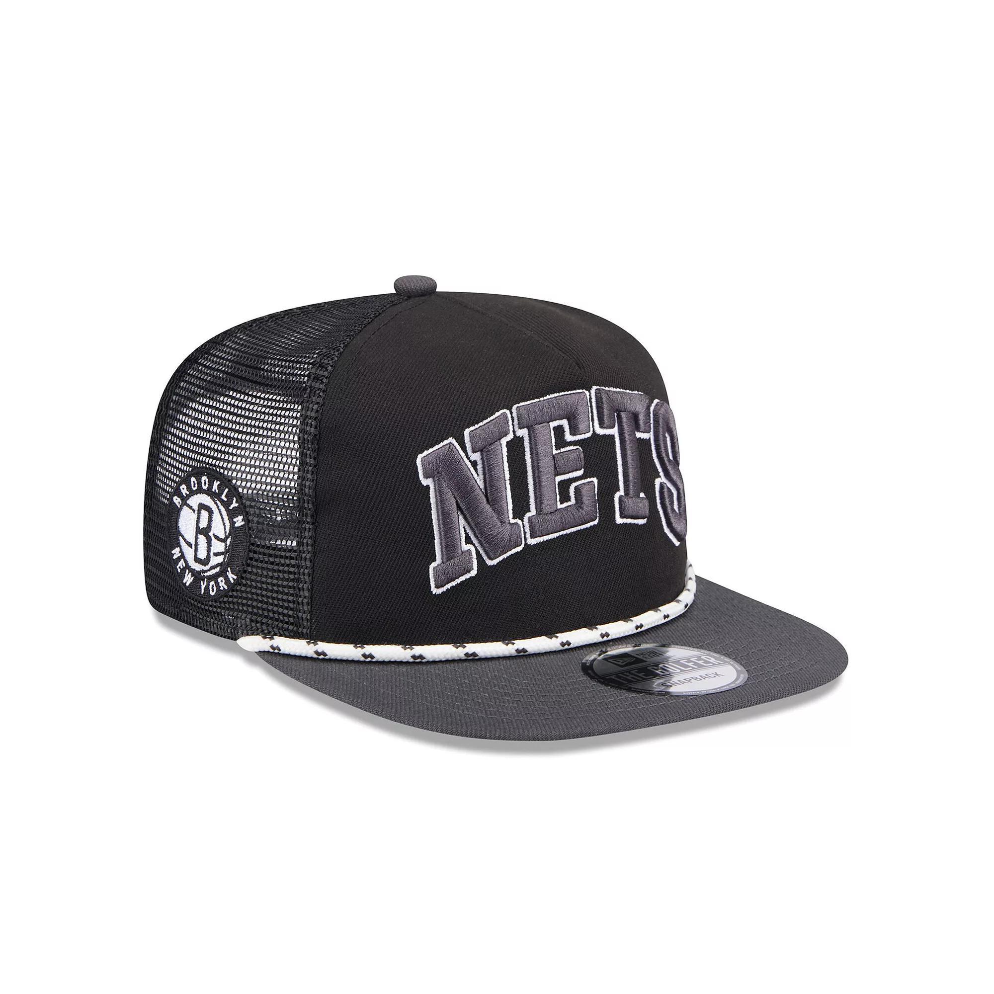 Men's New Era Black/Charcoal Brooklyn Nets Throwback Team Arch Golfer Snapback Hat Product Image