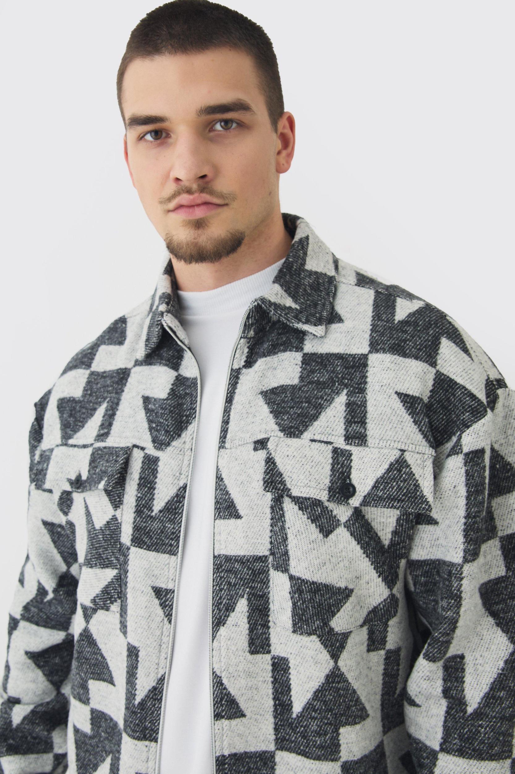 Tall Aztec Print Zip Through Shirt Jacket | boohooMAN USA Product Image
