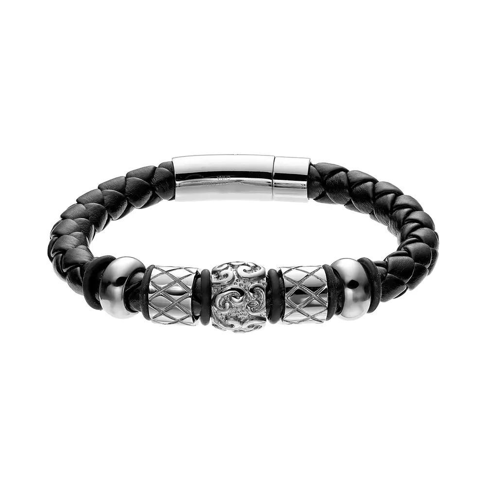 Stainless Steel and Leather Bead Bracelet - Men, Men's, Size: 8.5", Black Product Image