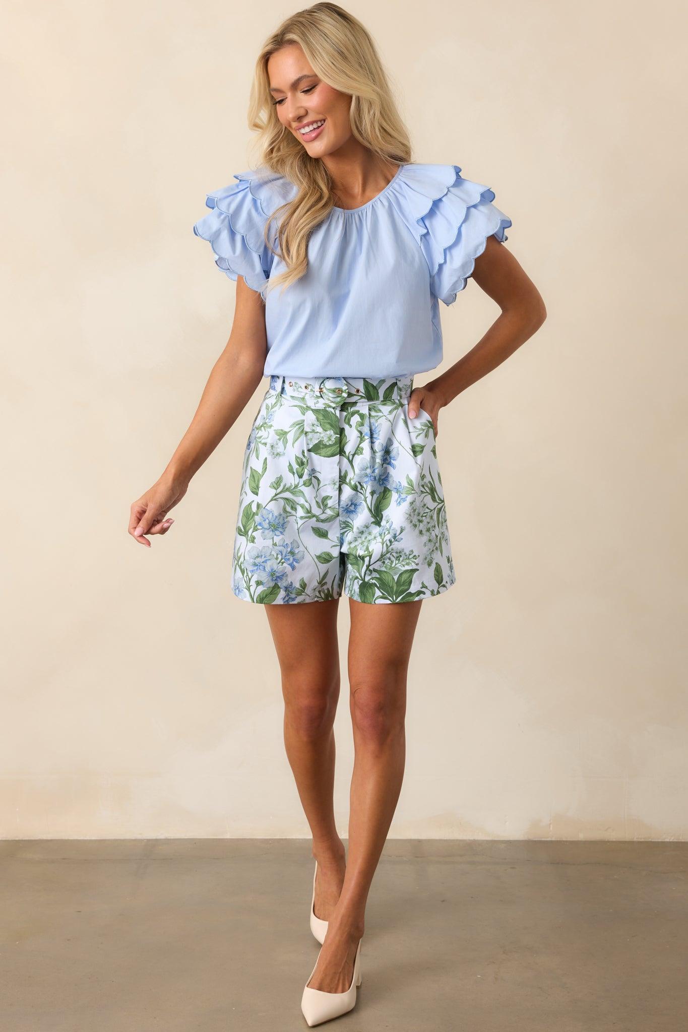 Colleen Blue Lilacs Botanical Print Cotton Classic Shorts Product Image