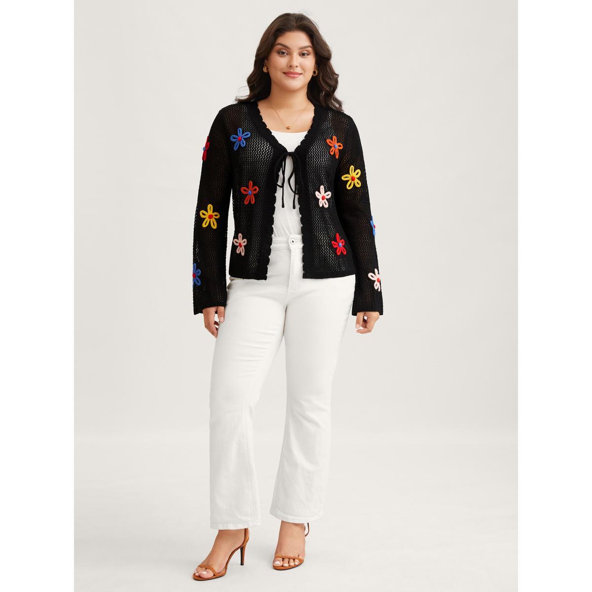 Plus Size Knit Floral Front Tie Cardigan Black Women Casual Loose Long Sleeve Everyday Cardigans BloomChic 12/L Product Image