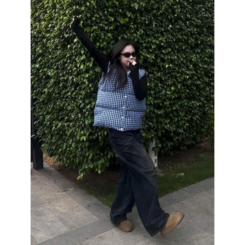 Plaid Button-Up Puffer Vest Product Image