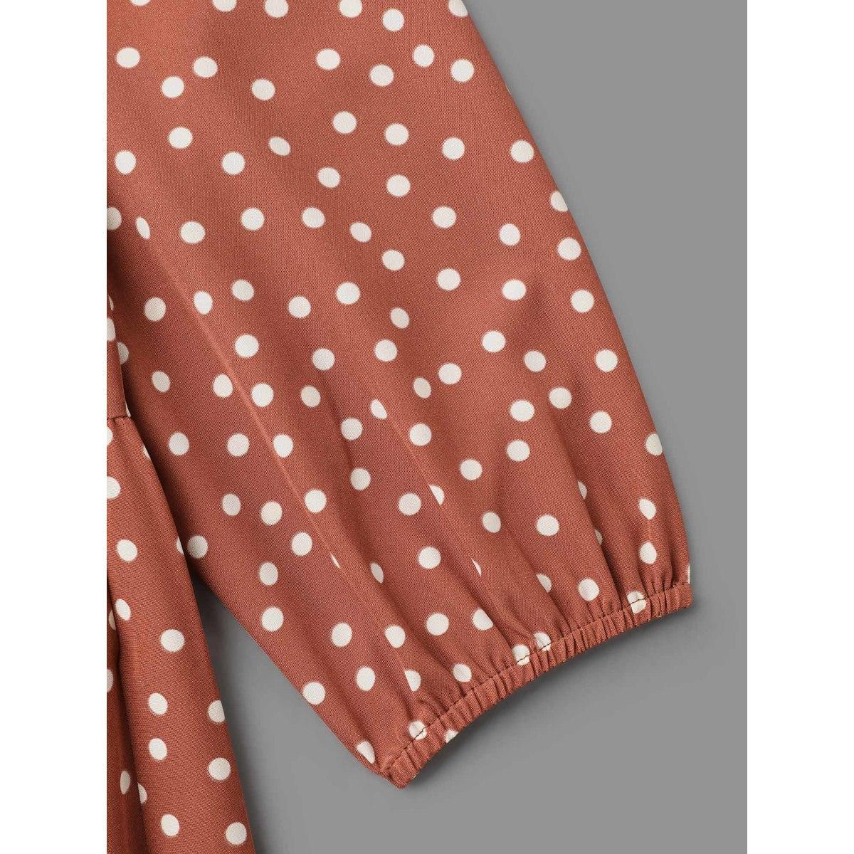 Plus Size Polka Dot Waist-Cinched Tiered Dress Rust Women At the Office Ruffles Round Neck Long Sleeve Curvy BloomChic 18-20/2X Product Image
