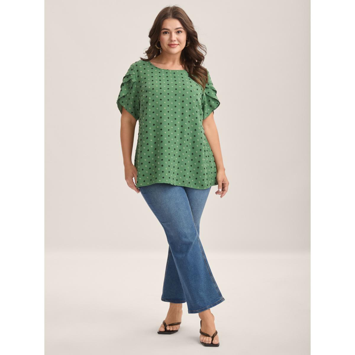 Plus Size Greenbean Textured Color Contrast Petal Sleeve Blouse Women Elegant Short sleeve Round Neck Everyday Blouses BloomChic 28/5X Product Image