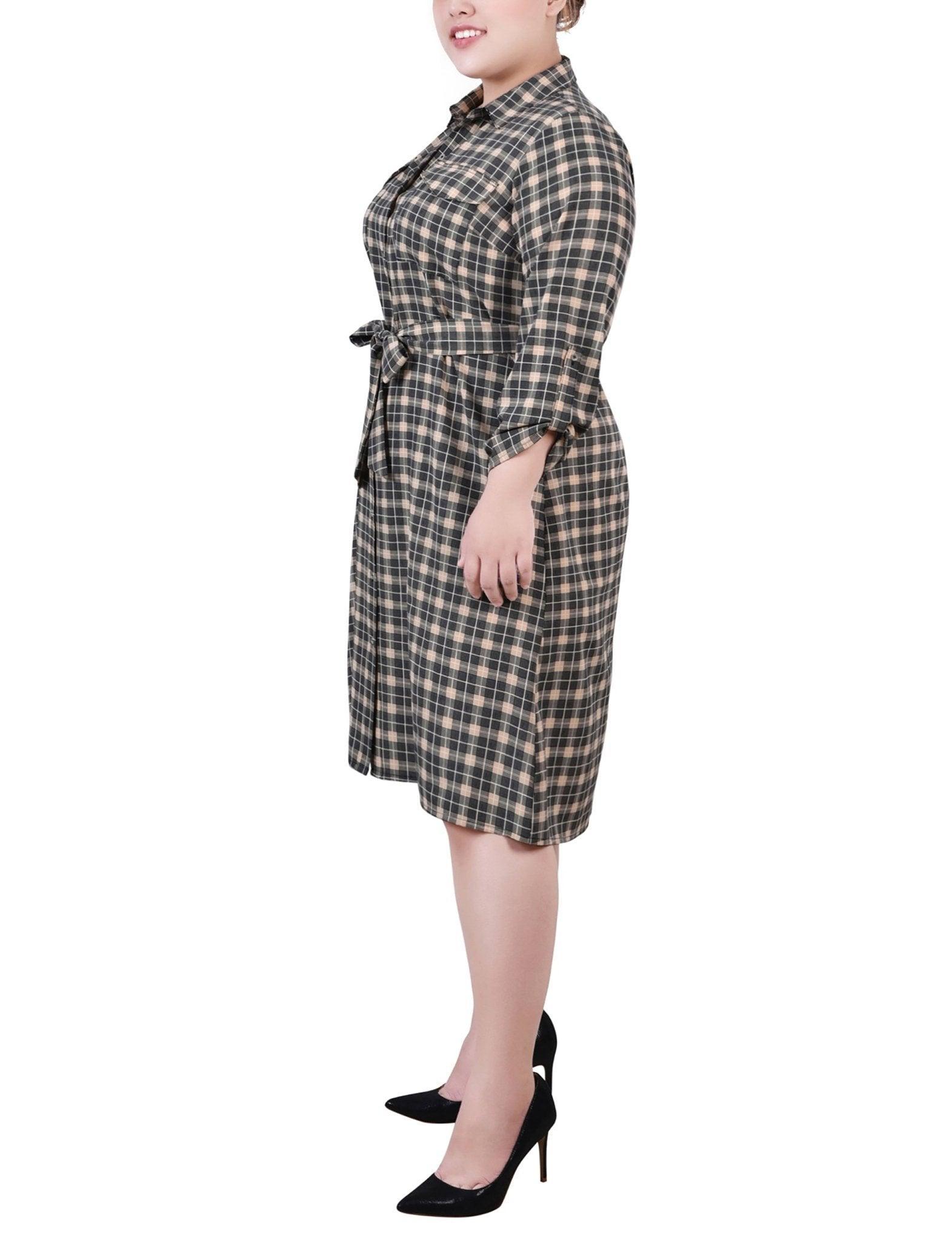 Beige Jet Benplaid 3/4 Roll Tab Sleeve Belted Shirtdress - Plus Product Image