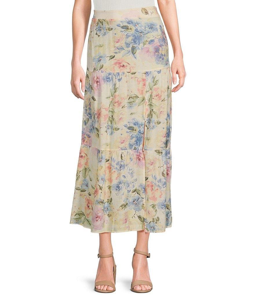 I.N. San Francisco Watercolor Floral Print Tiered Side Slit Maxi Skirt Product Image