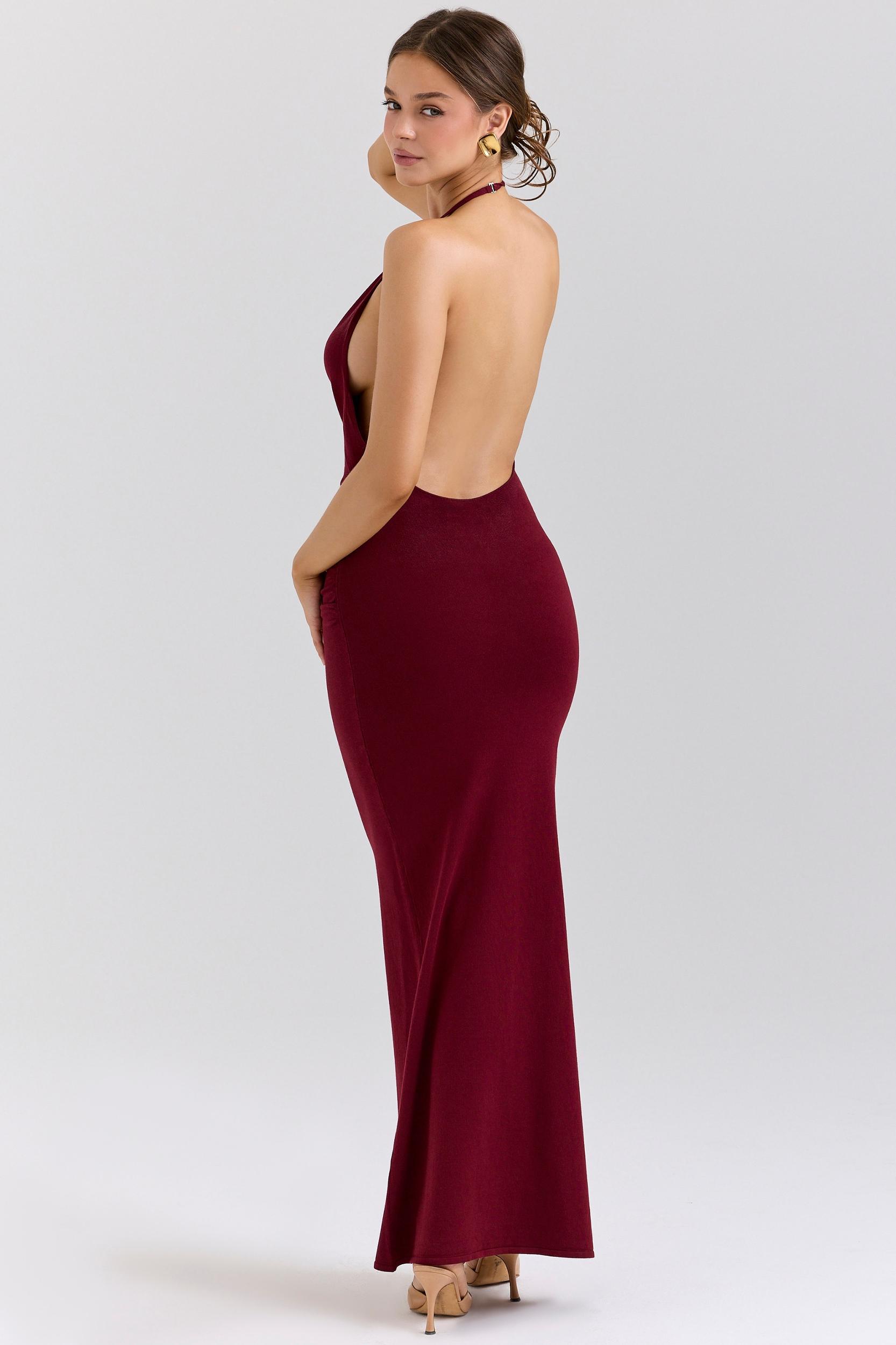 Thalina  wine draped halter neck knit maxi dress Product Image