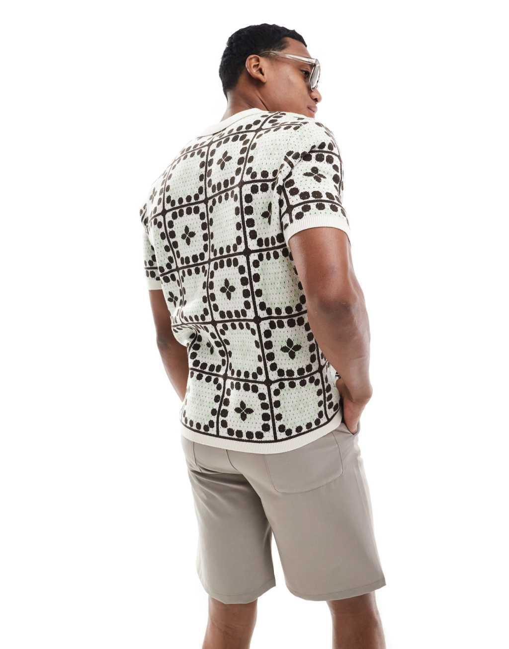 ASOS DESIGN knit crochet notch neck polo in sage green and brown Product Image