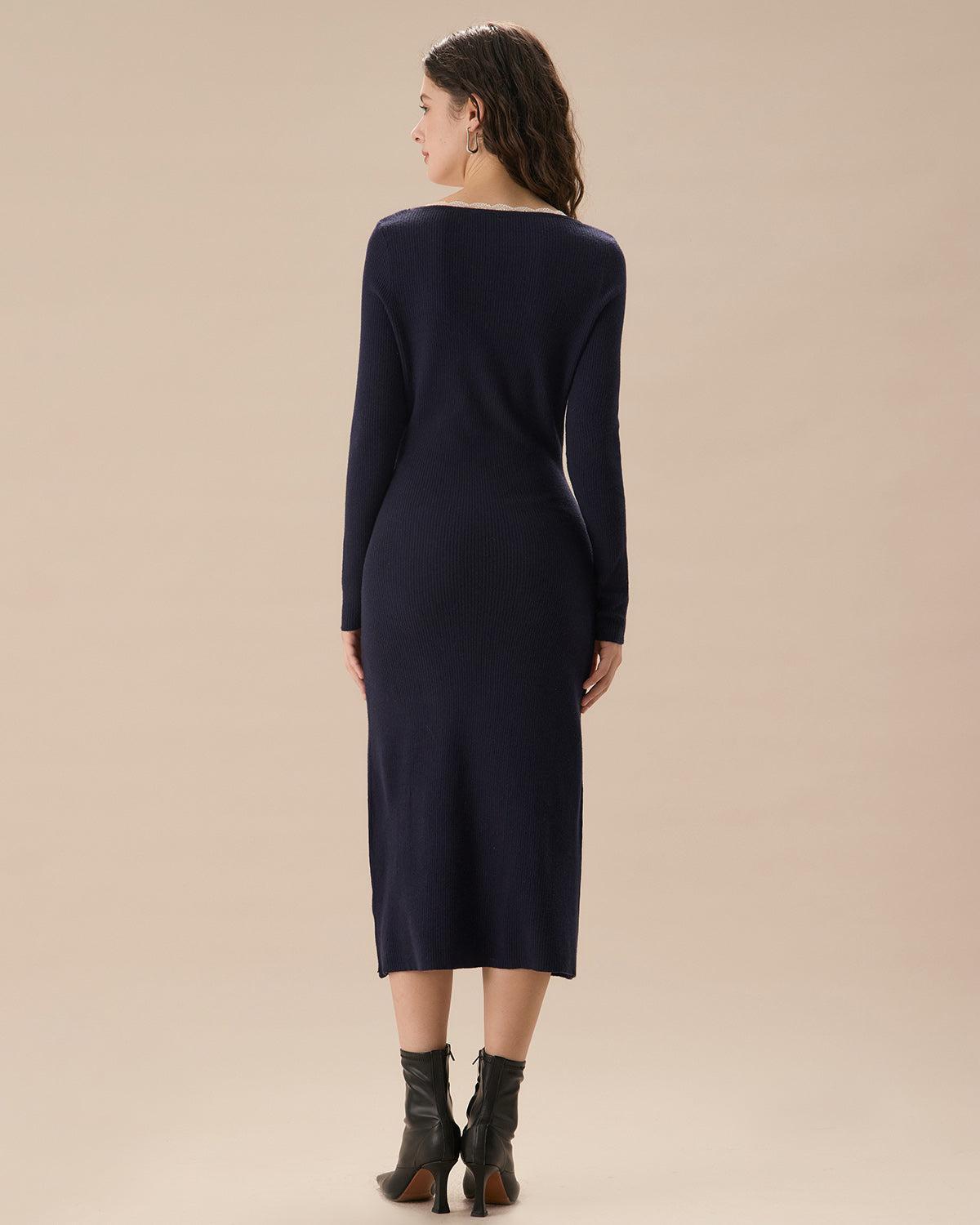 Navy Contrasting Button-Up Sweater Dress Product Image