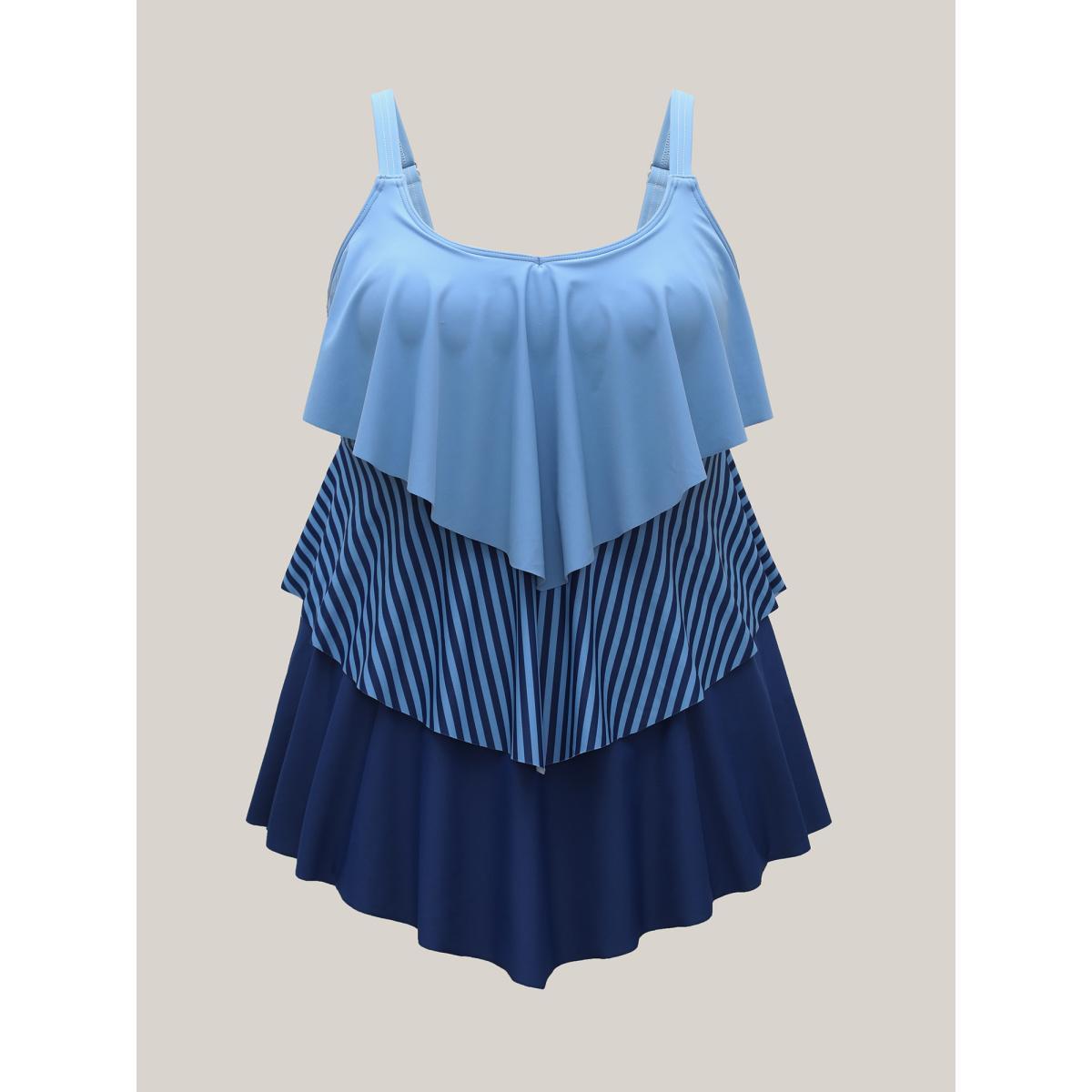 Plus Size Color Block Ruffled Flared Swim Top Women's Swimwear Mediumblue Beach High stretch Bodycon V-neck Curve Swim Tops BloomChic 22-24/3X Product Image