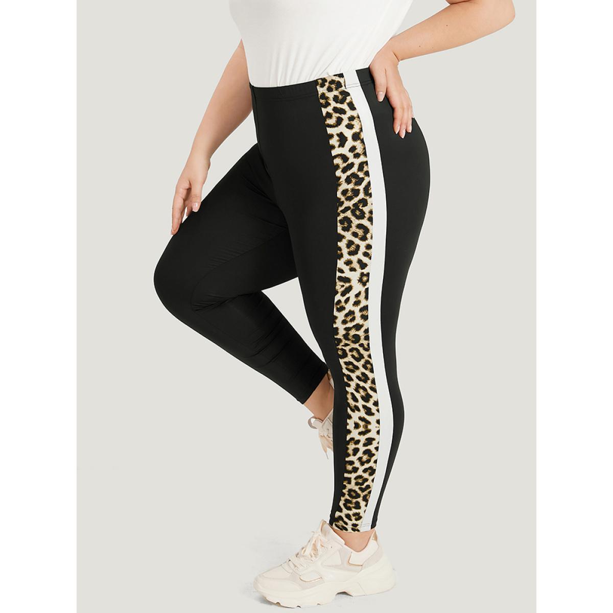 Plus Size Leopard Patchwork High Rise Elastic Waist Leggings Women Black Casual High stretch Skinny High Rise Dailywear Leggings BloomChic 28/5X Product Image