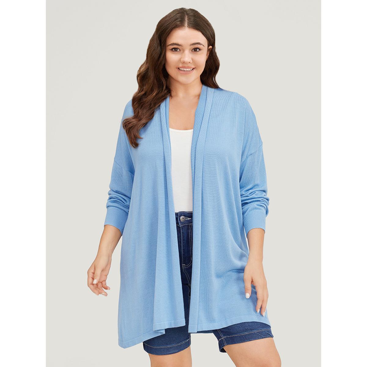 Plus Size Supersoft Essentials Plain Drop Shoulder Lapel Collar Cardigan LightBlue Women Casual Loose Long Sleeve Everyday Cardigans BloomChic 22-24/3X Product Image