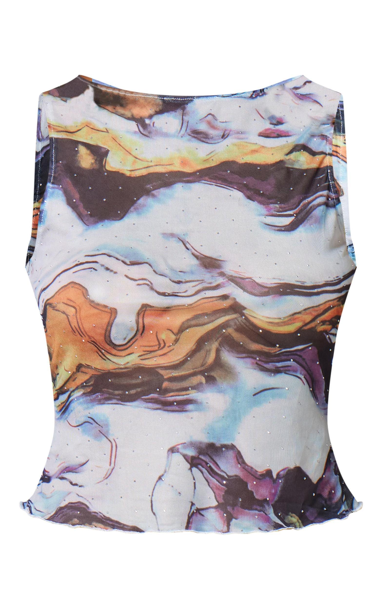  Orange Diamante Mesh Tie Shoulder Detail Top Product Image